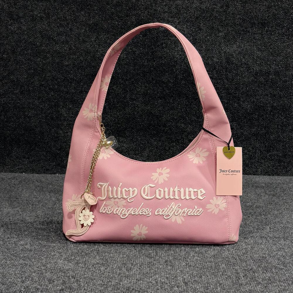 Juicy Couture Hobo Bag Womens Small Pink Daisy Floral Shoulder PVC Charm